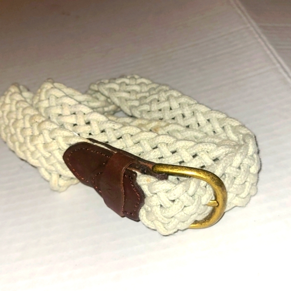 Woven cotton belt cream white with dark brown ends gold brass buckle - Picture 1 of 5